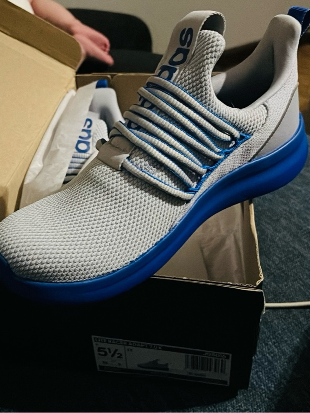 adidas Big kids Gray Knit Sneakers with Blue Sole